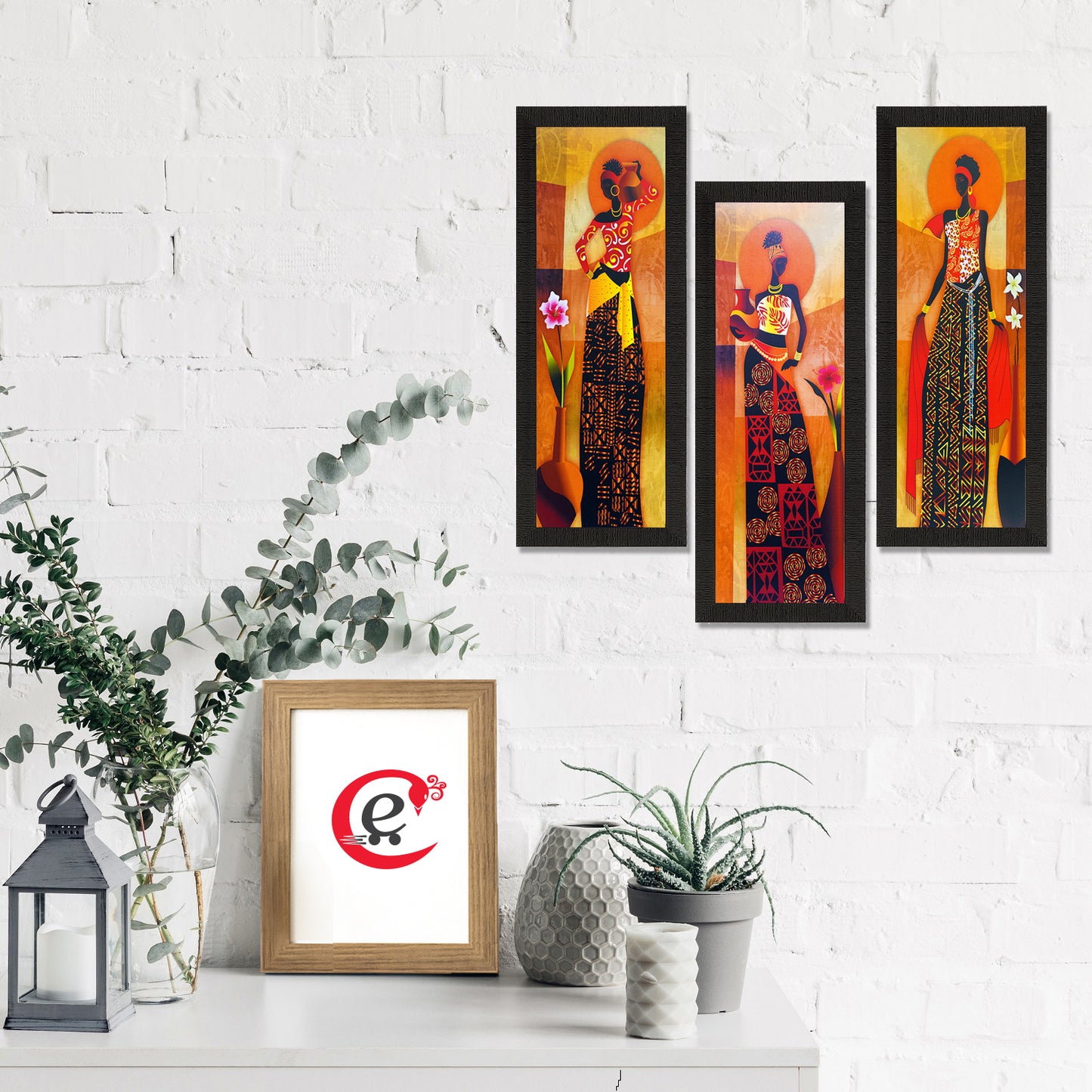 Set of 3 Tribal Village Women – Satin Matt UV Textured Wall Art for Living Room & Home Décor