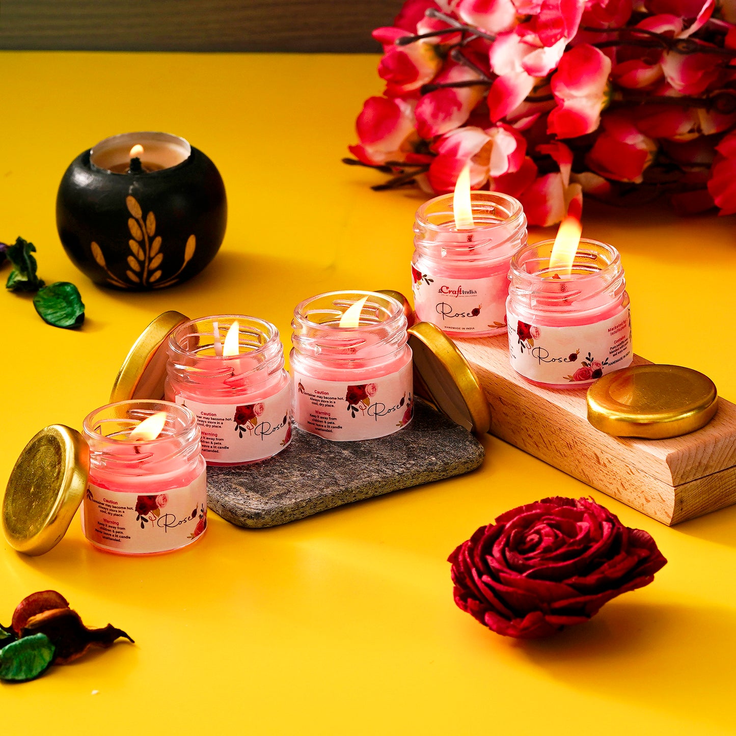 Rose Bloom – Set of 5 Mini Scented Jar Candles for a Fragrant Ambience