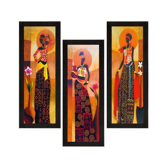 Set of 3 Tribal Village Women – Satin Matt UV Textured Wall Art for Living Room & Home Décor