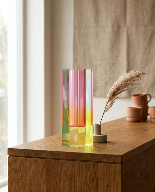 Ceramic vase in Yellow/Pink on an oak console in a living room